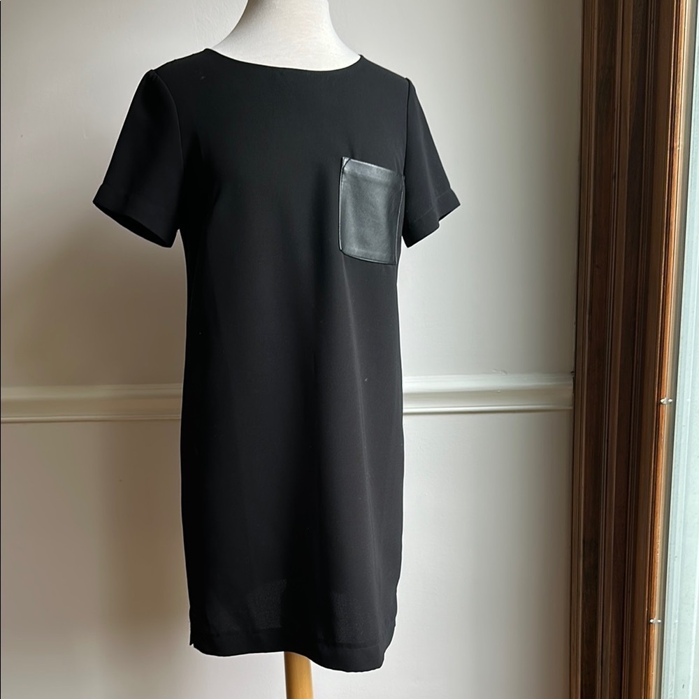J Crew Black Sheath Short Sleeve Dress with Leather Pocket Small EUC